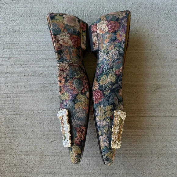 Sam Edelman Floral Tapestry Embellished Buckle Pointed Toe Ballet Flats Granny - Picture 9 of 14